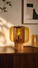 Amber Grid table lamp with textured amber glass and copper-tone electroplated iron base