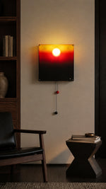Dusk Orbit square wall light, warm sunset gradient panel, wall-mounted hero