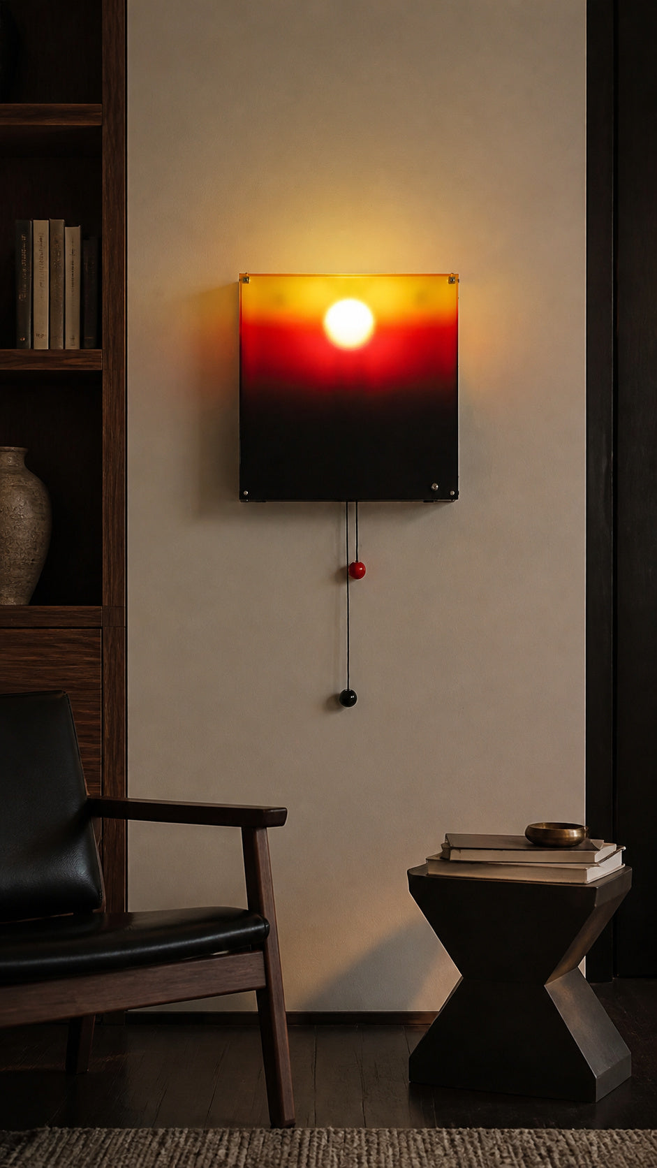 Dusk Orbit square wall light, warm sunset gradient panel, wall-mounted hero