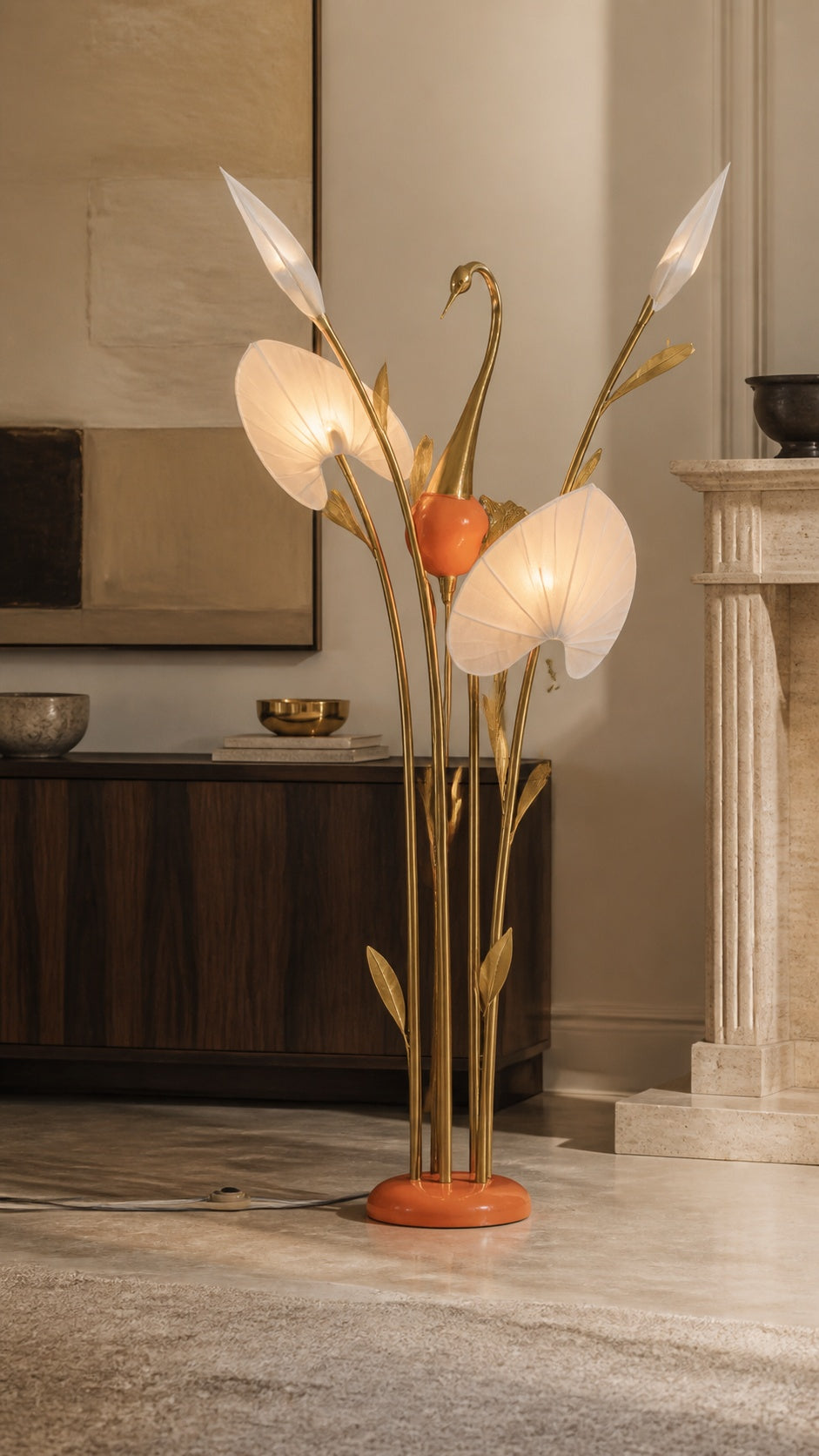 Flamingo Floor Lamp in a Hollywood Regency living room