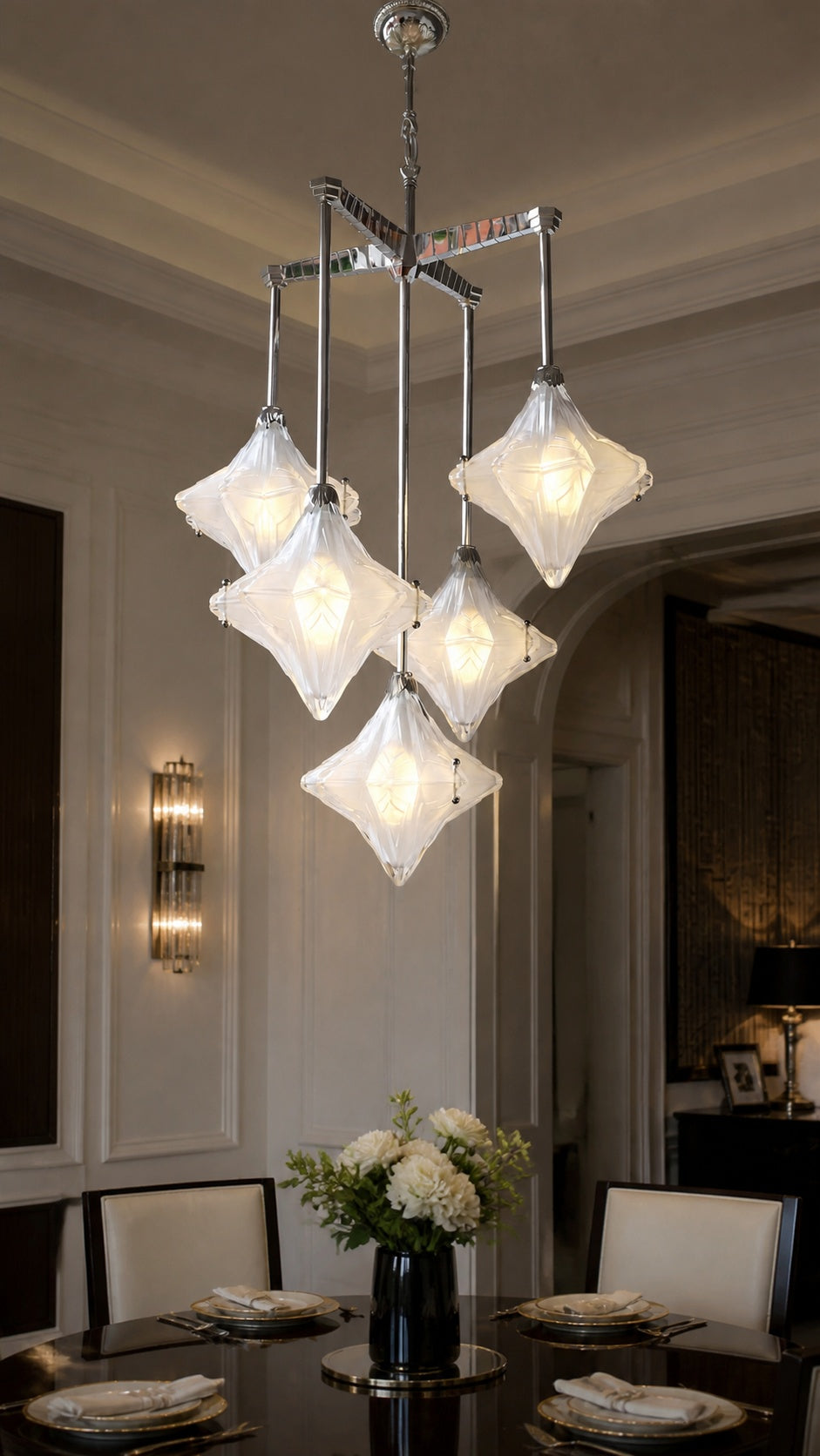 Stella Fold five-head clear glass chandelier in an Art Deco dining room