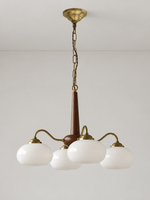 Iron / Walnut chandelier with 4 white glass shades, 58 cm diameter, shown unlit