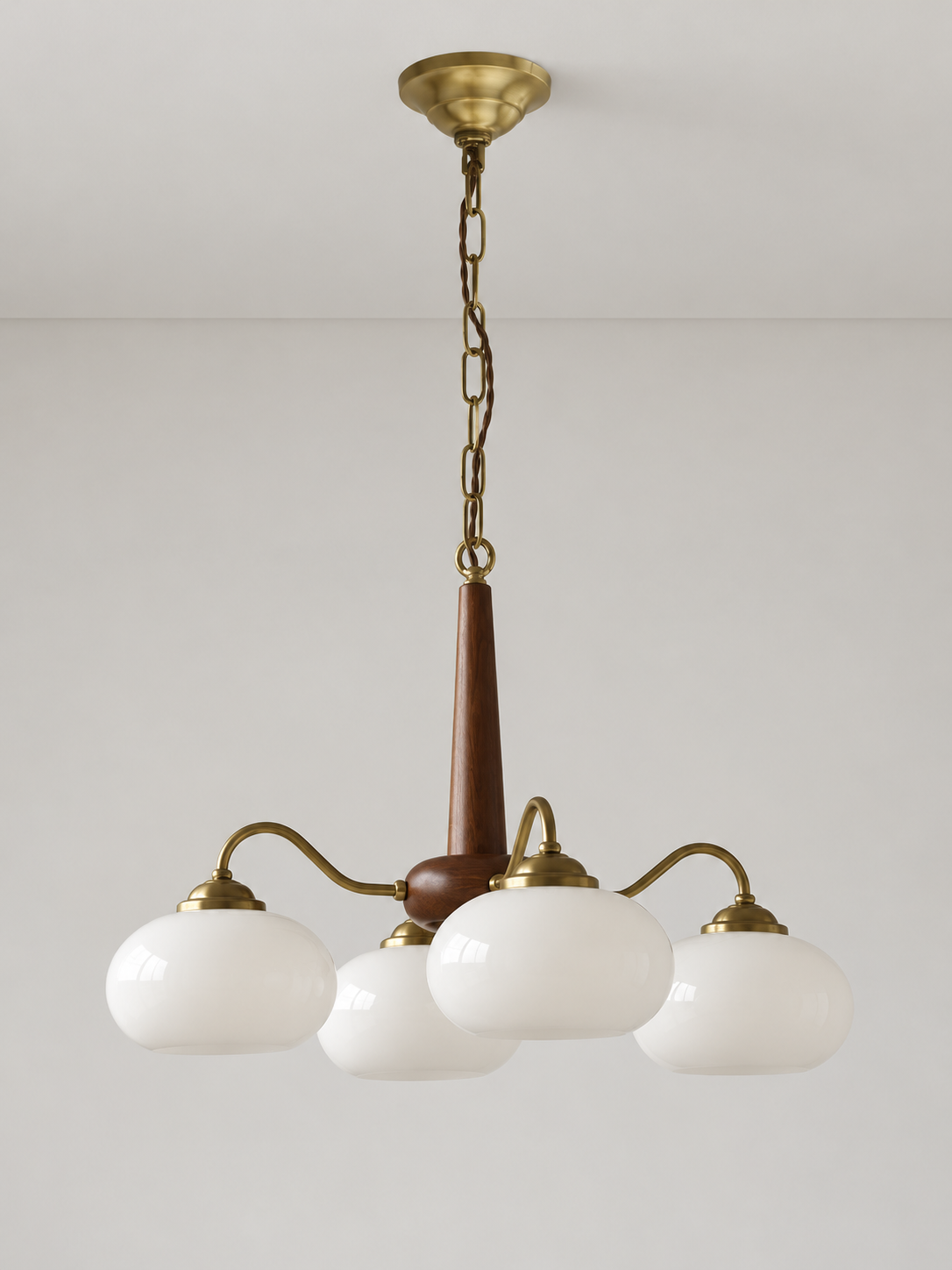 Iron / Walnut chandelier with 4 white glass shades, 58 cm diameter, shown unlit