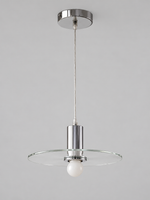 Clear glass disc pendant lamp with milky-white bulb finish and chrome-tone fittings, shown unlit
