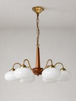 Iron / Walnut chandelier with 6 white glass shades, 66 cm diameter, shown unlit