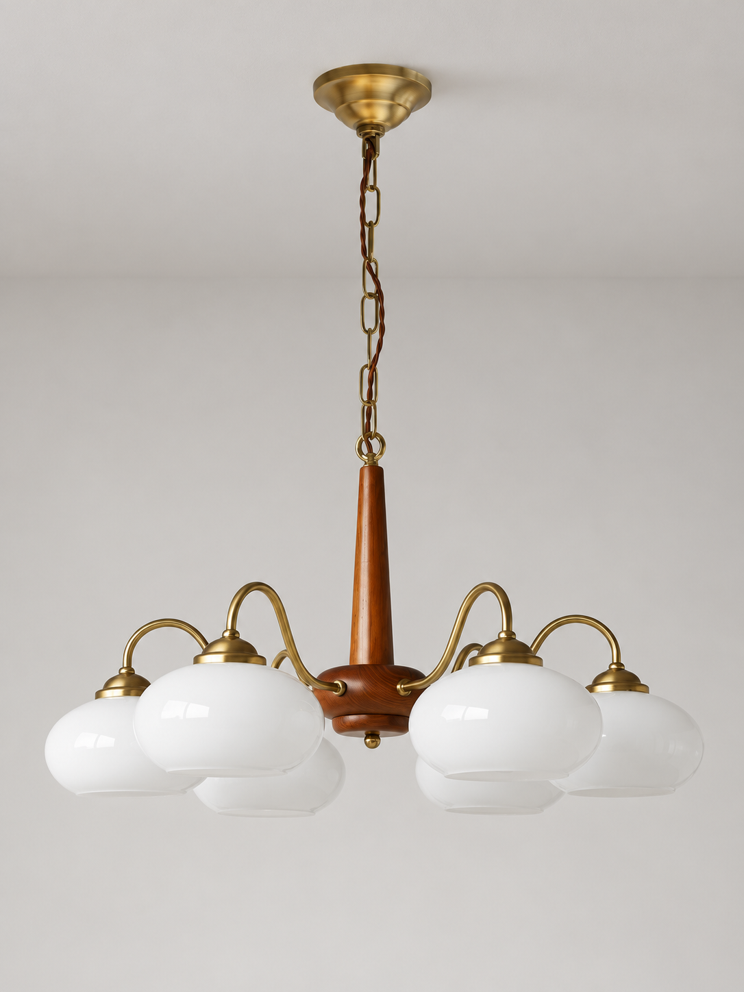 Iron / Walnut chandelier with 6 white glass shades, 66 cm diameter, shown unlit