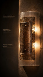 Close-up of Cinder Veil clear ribbed glass and hammered metal center plate