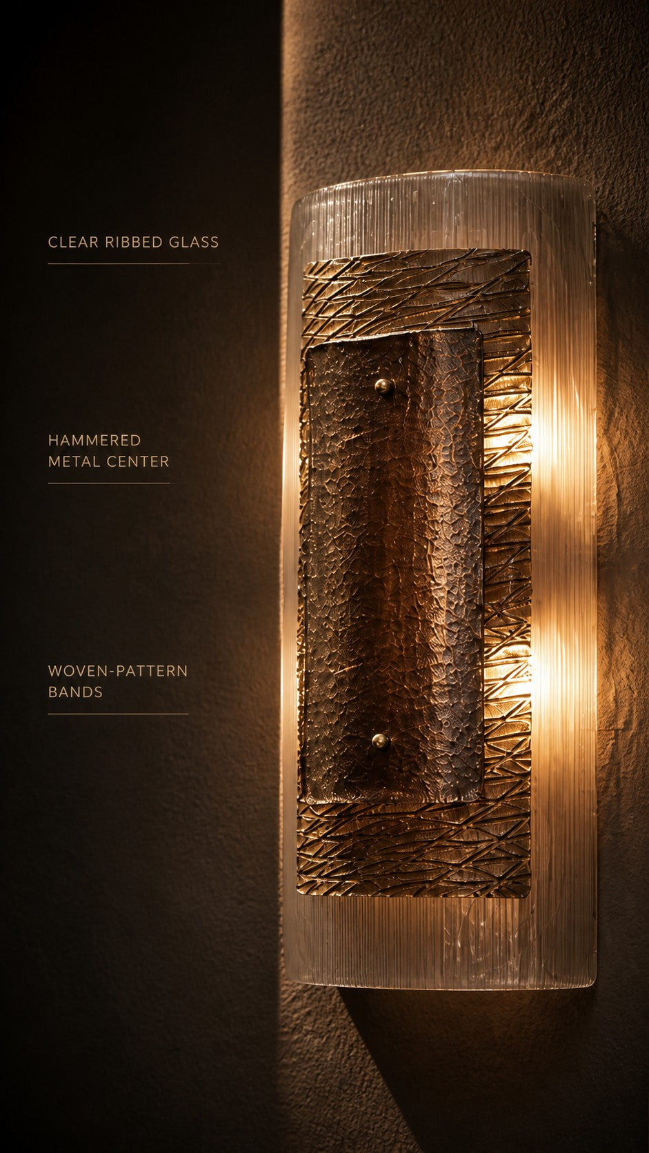Close-up of Cinder Veil clear ribbed glass and hammered metal center plate