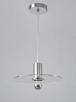 Clear glass disc pendant lamp with half-chrome bulb finish and chrome-tone fittings, shown unlit