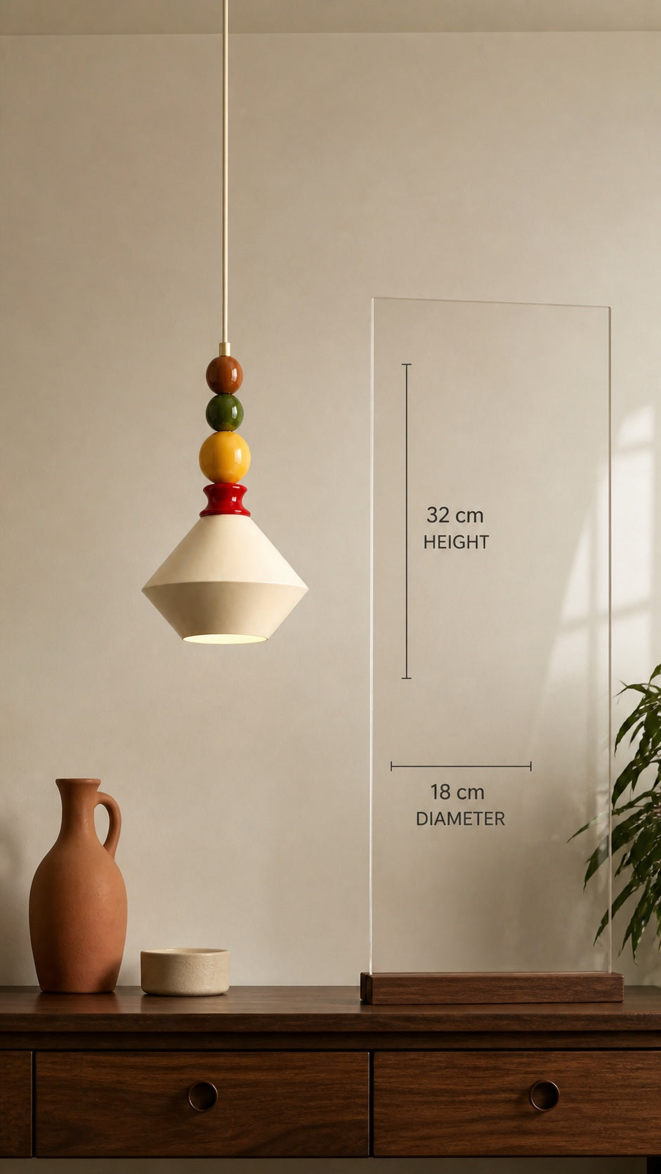 Memphis Bead Pendant showing 18 cm diameter and 32 cm height