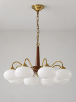 Iron / Walnut chandelier with 8 white glass shades, 70 cm diameter, shown unlit