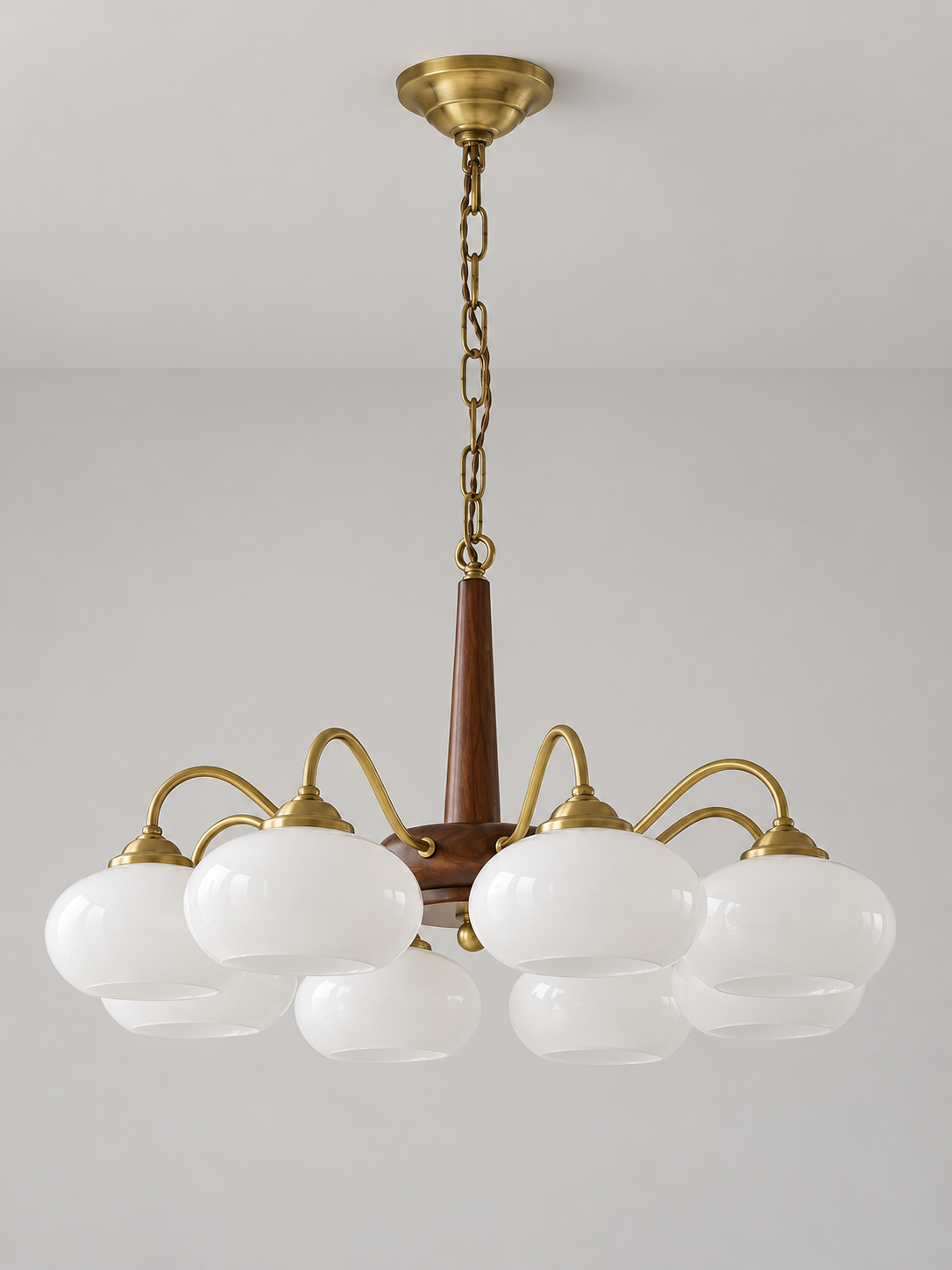 Iron / Walnut chandelier with 8 white glass shades, 70 cm diameter, shown unlit