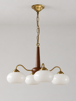 Copper / Walnut chandelier with 4 white glass shades, 58 cm diameter, shown unlit