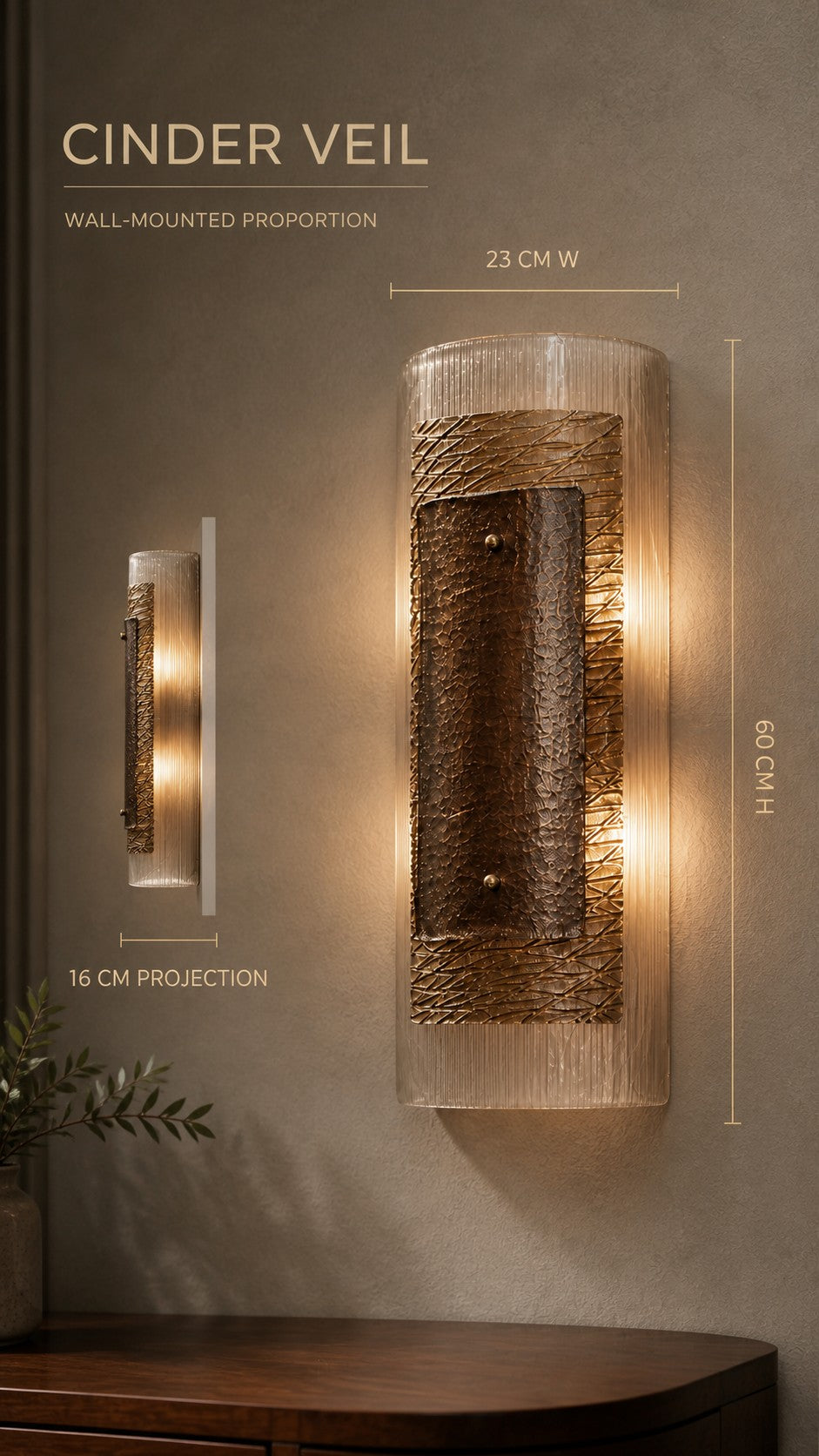 Cinder Veil wall sconce dimensions, 23 cm wide by 16 cm projection by 60 cm high