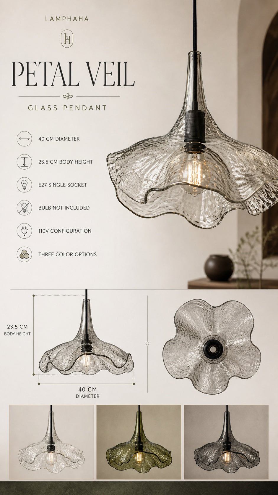 Petal Veil dimensions, E27 socket and 110V configuration