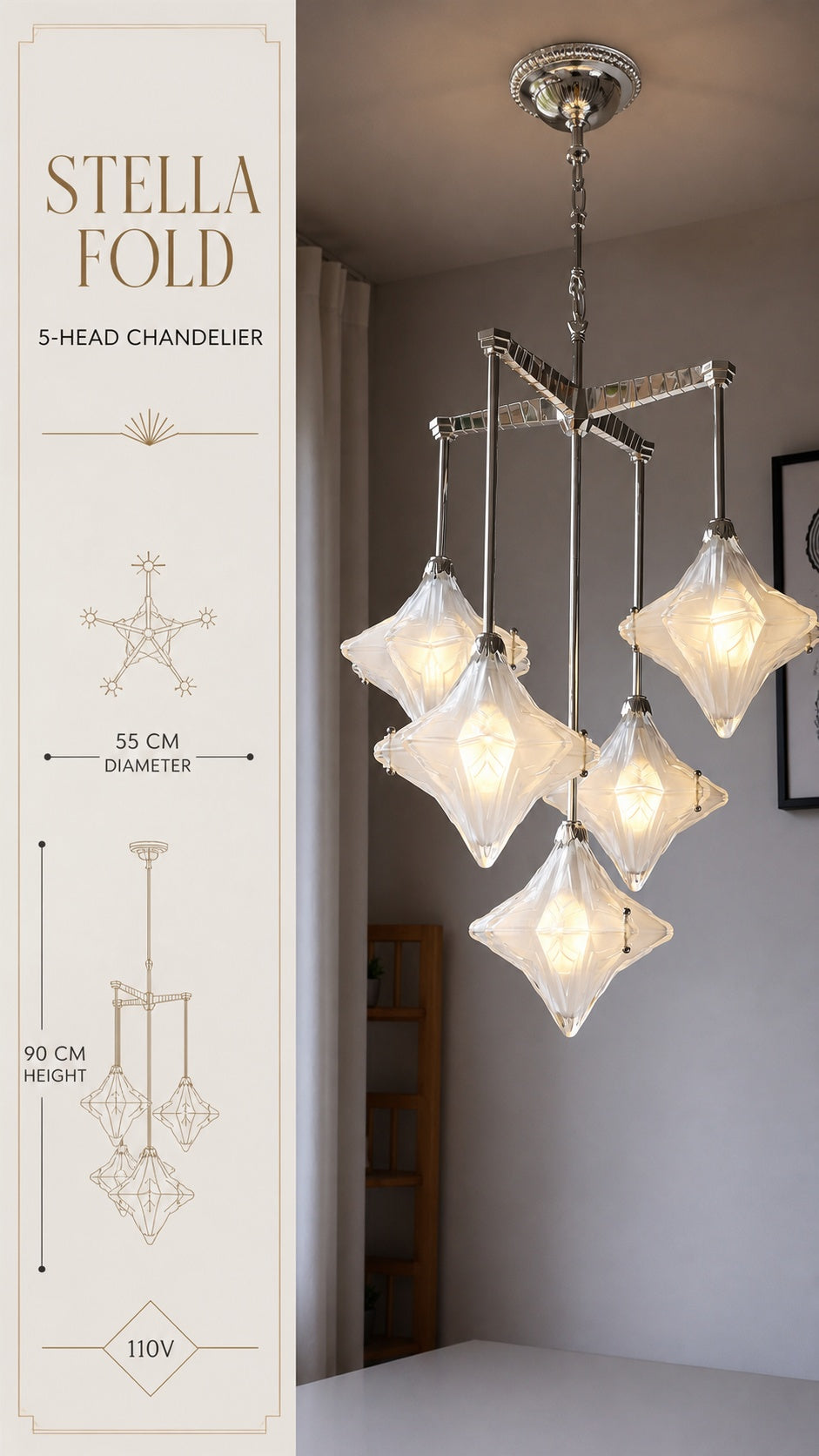 Stella Fold chandelier dimensions and 110V specification