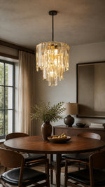 Copper Cascade Chandelier over a mid-century dining table