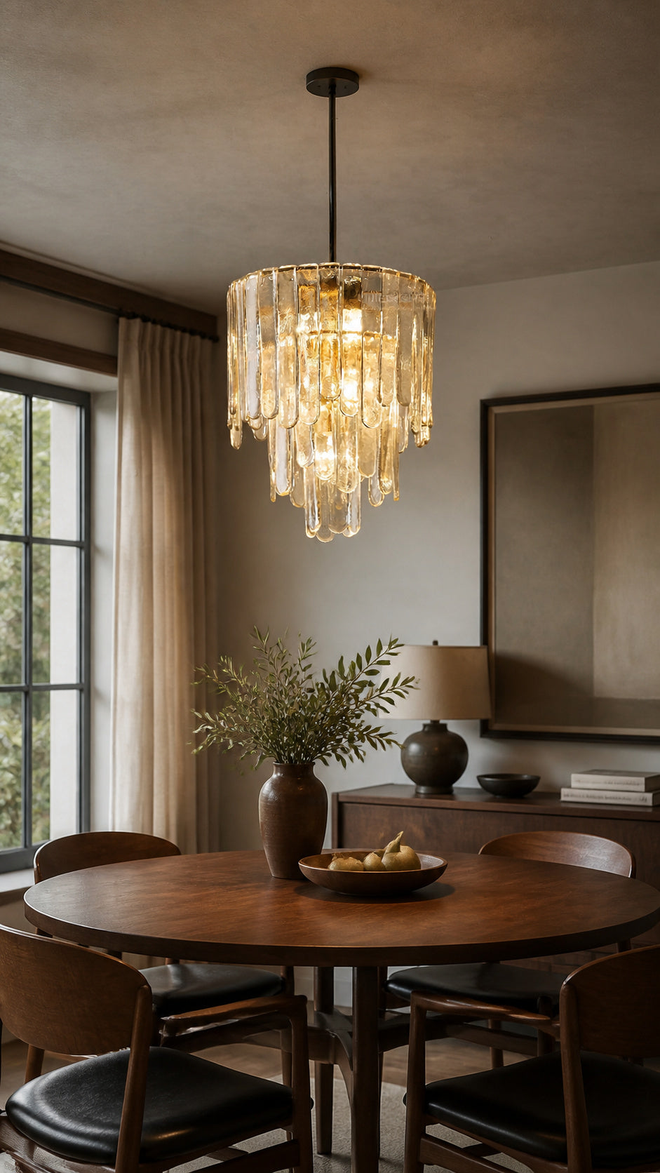 Copper Cascade Chandelier over a mid-century dining table