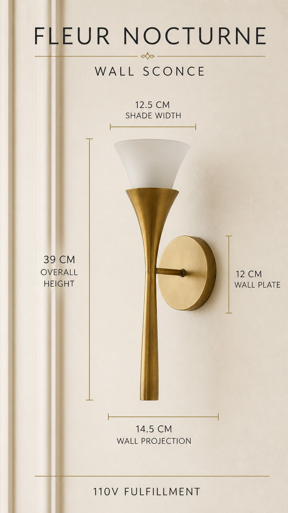 Fleur Nocturne wall sconce dimensions and 110V fulfillment