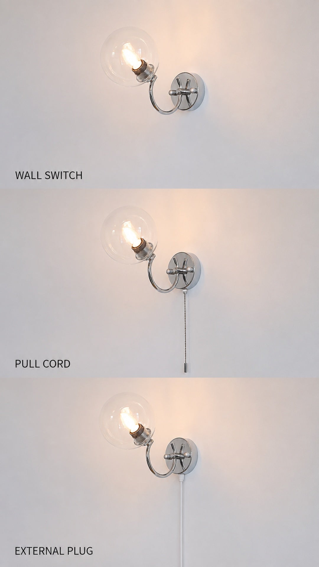 Wall switch, pull cord, and external plug options