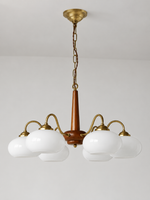 Copper / Walnut chandelier with 6 white glass shades, 66 cm diameter, shown unlit