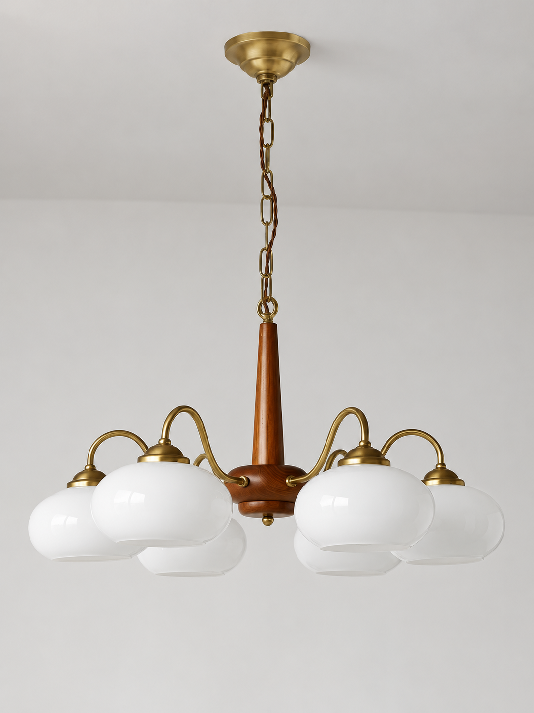 Copper / Walnut chandelier with 6 white glass shades, 66 cm diameter, shown unlit
