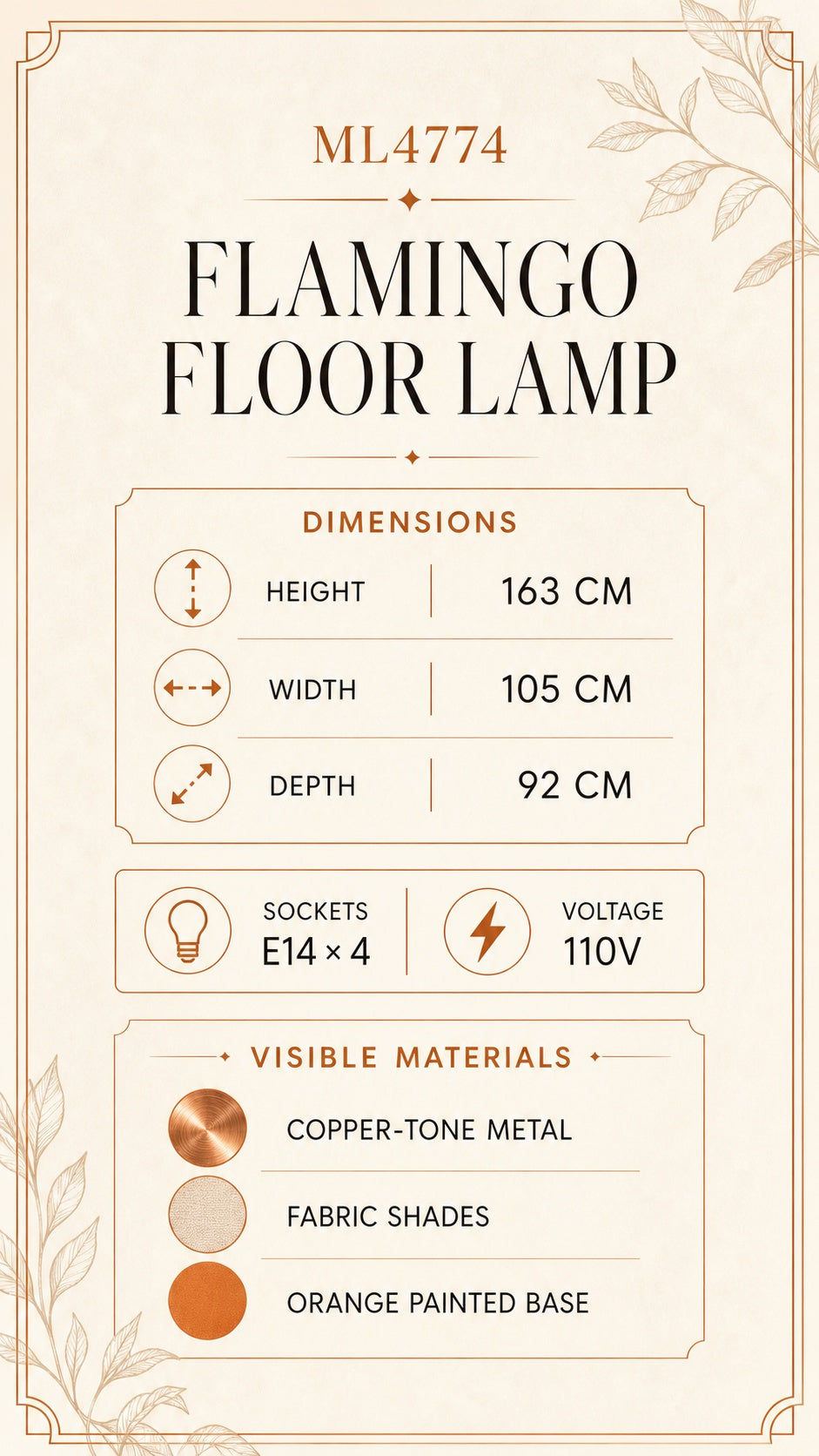 Flamingo floor lamp dimensions and visible materials