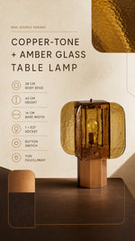 Copper-tone and amber glass table lamp real source variant card