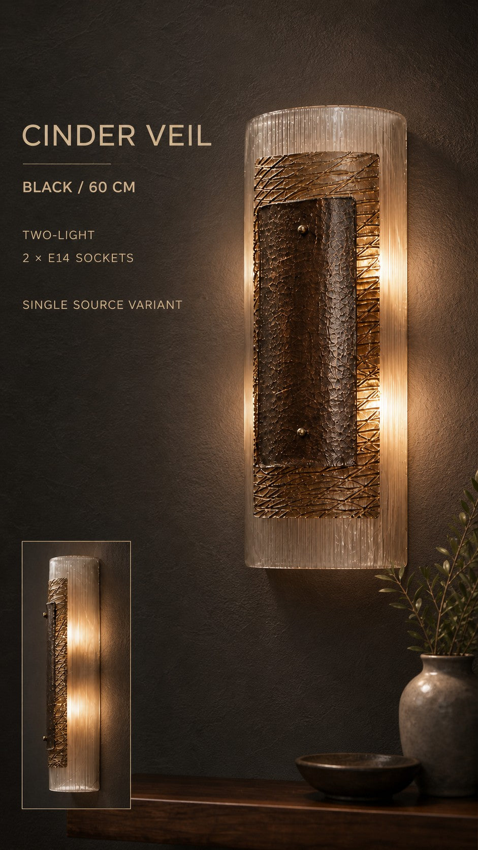 Cinder Veil black 60 cm two-light wall sconce variant