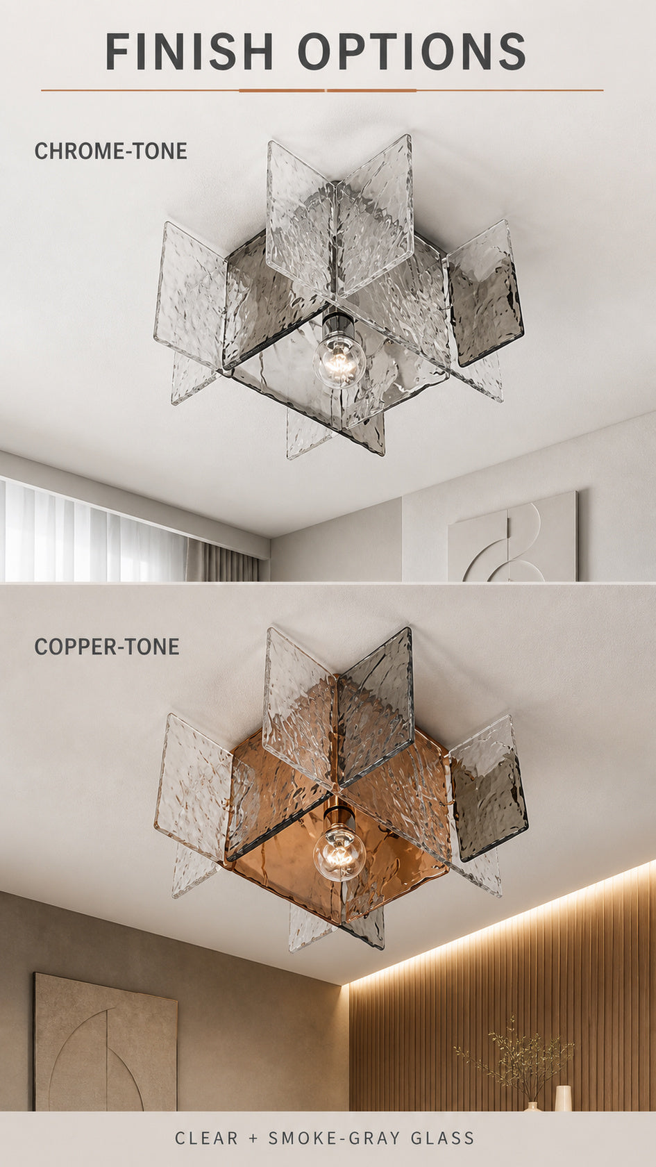 Chrome and copper-tone Glass Orbit ceiling light finish options