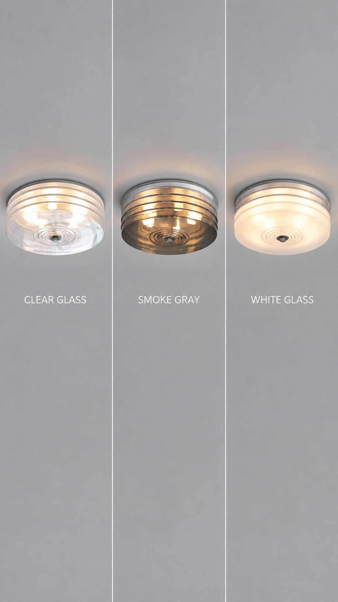Clear, smoke gray, and white glass variants