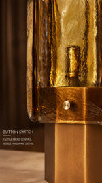 Amber Grid table lamp front button switch and textured glass detail