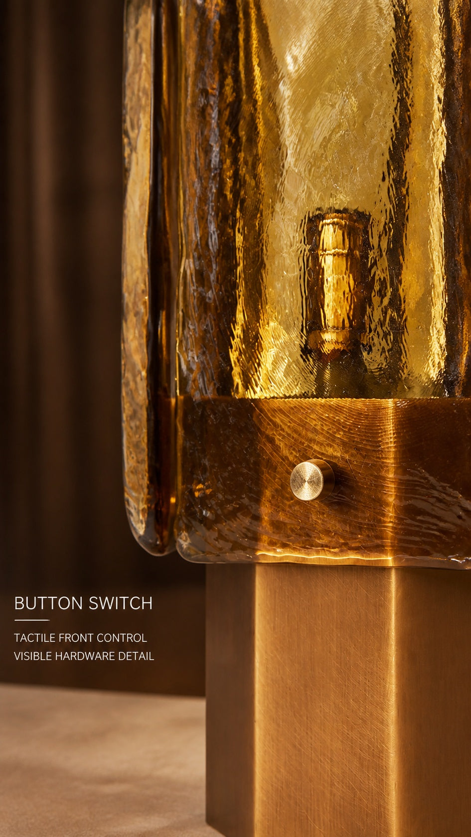 Amber Grid table lamp front button switch and textured glass detail