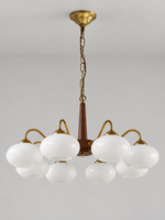 Copper / Walnut chandelier with 8 white glass shades, 82 cm diameter, shown unlit