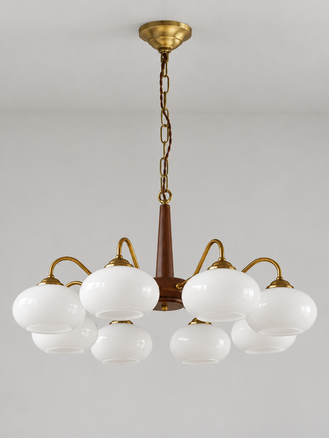 Copper / Walnut chandelier with 8 white glass shades, 82 cm diameter, shown unlit