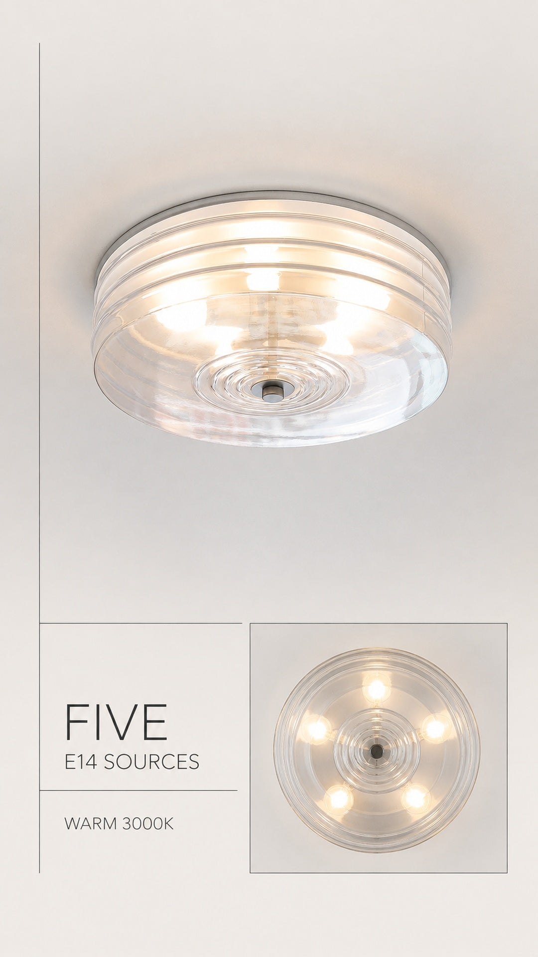 Five E14 light sources and warm 3000K glow