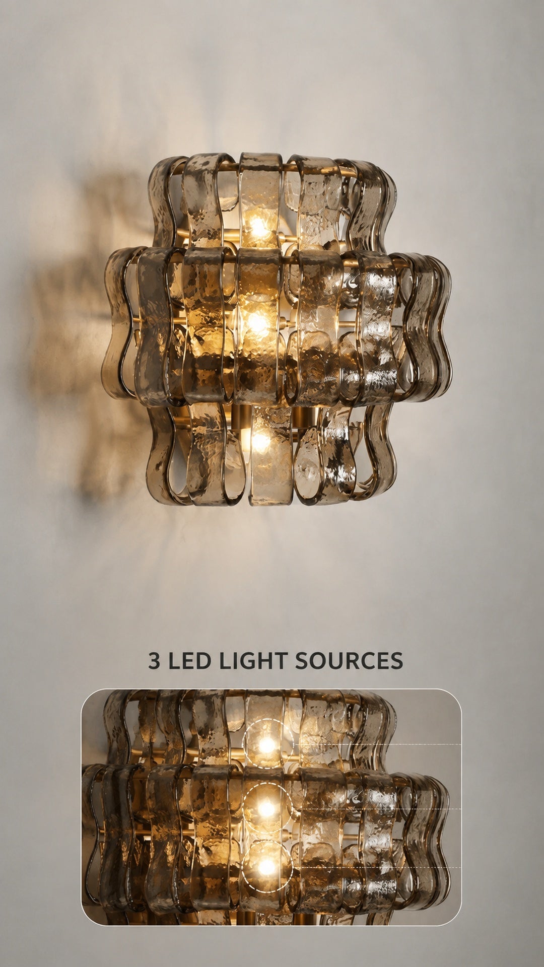 Three LED light sources inside the layered shade