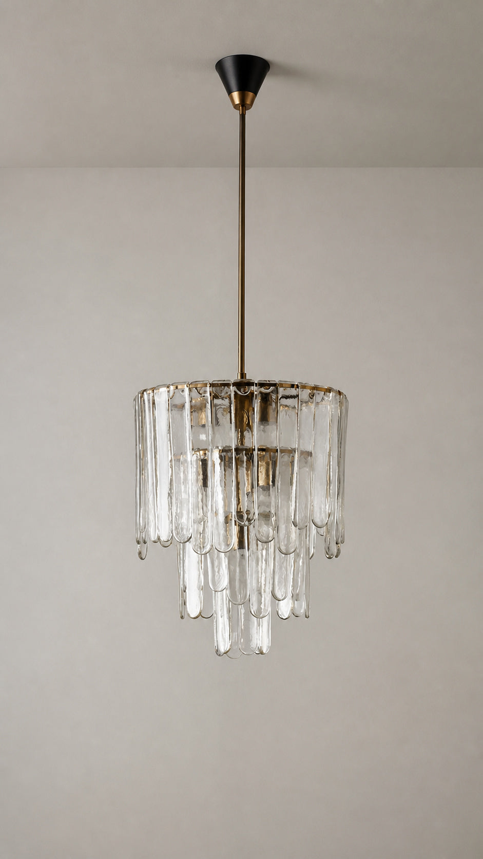 Unlit clear glass chandelier view