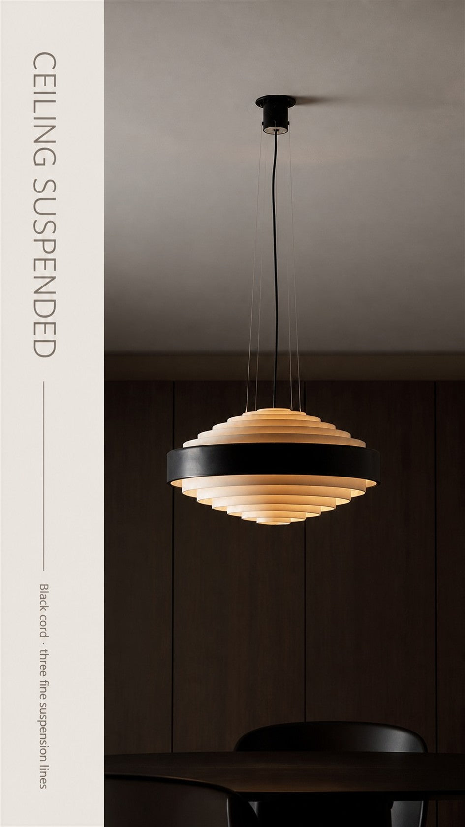 Noir Step Pendant ceiling suspended with black cord and three fine suspension lines