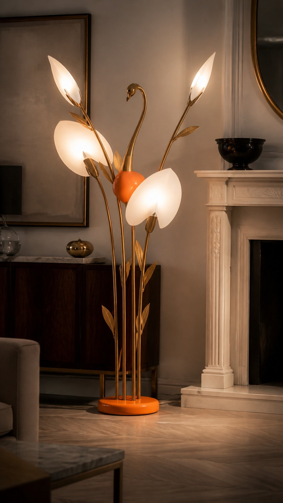 Flamingo floor lamp in a Hollywood Regency living room