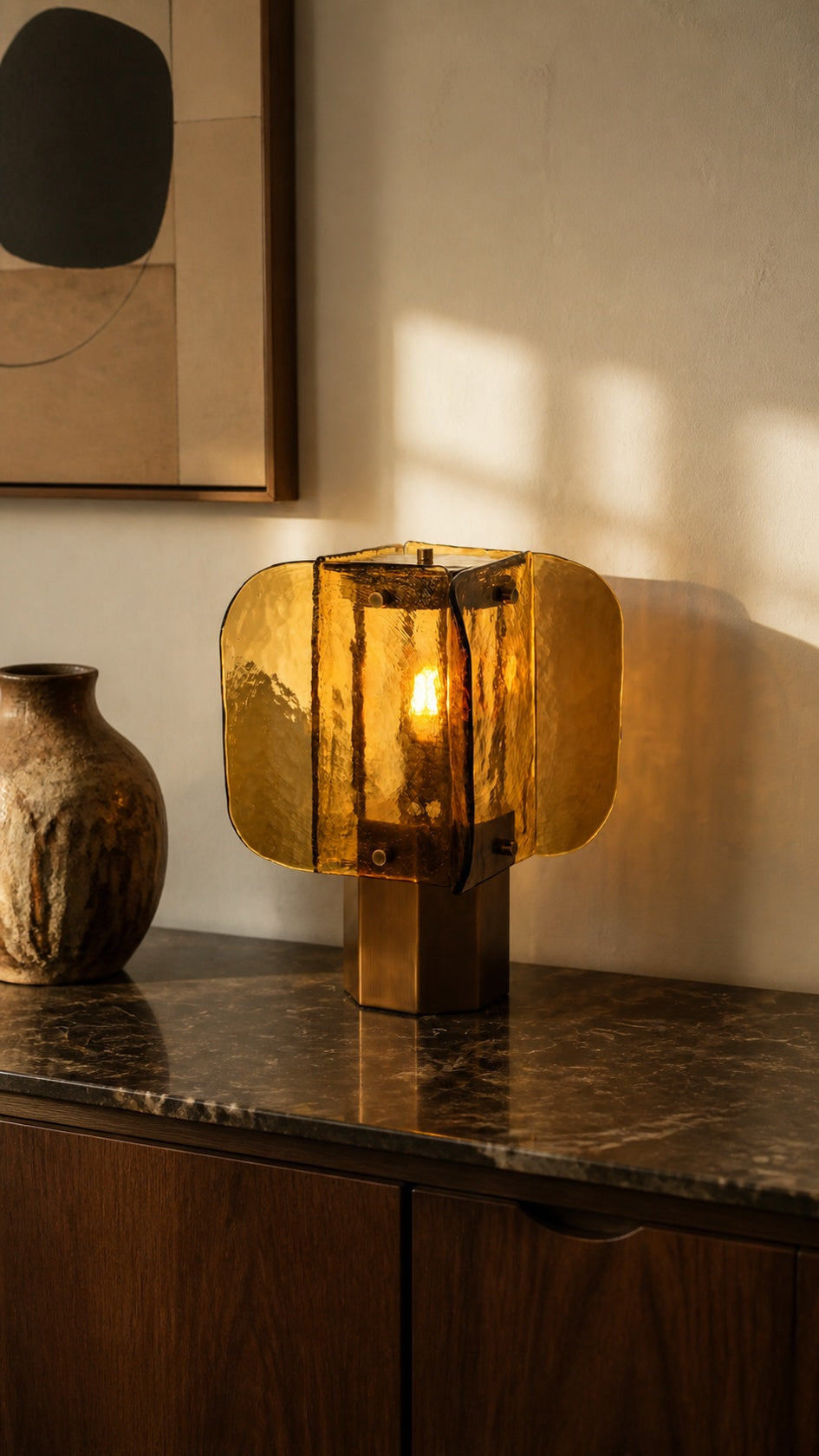 Amber Grid table lamp styled on a walnut console in a postmodern interior