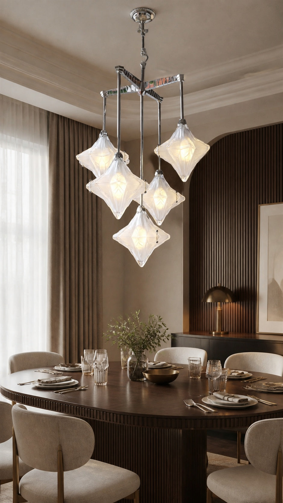Stella Fold chandelier in an Art Deco dining room