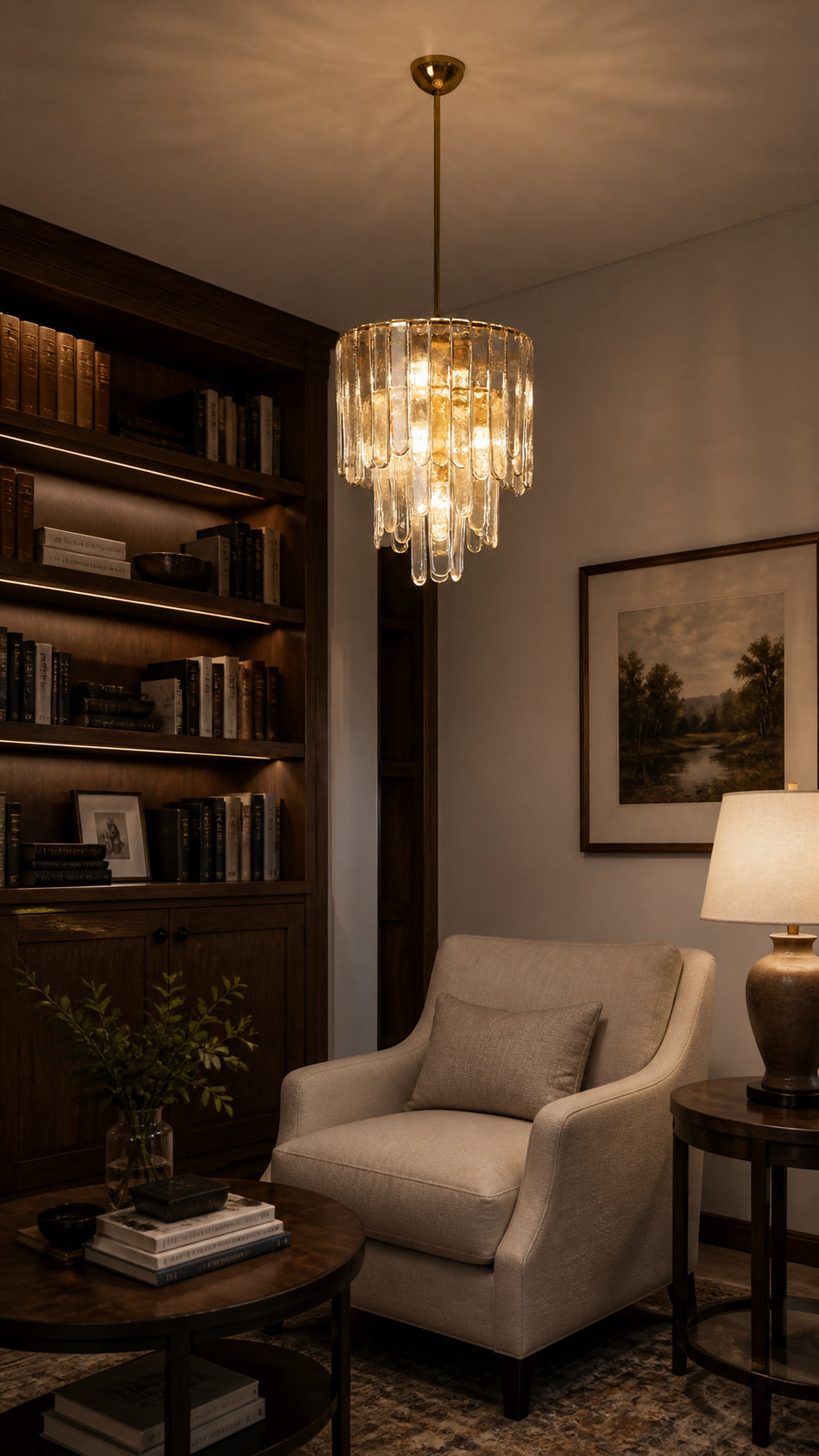 Copper Cascade Chandelier in a library lounge