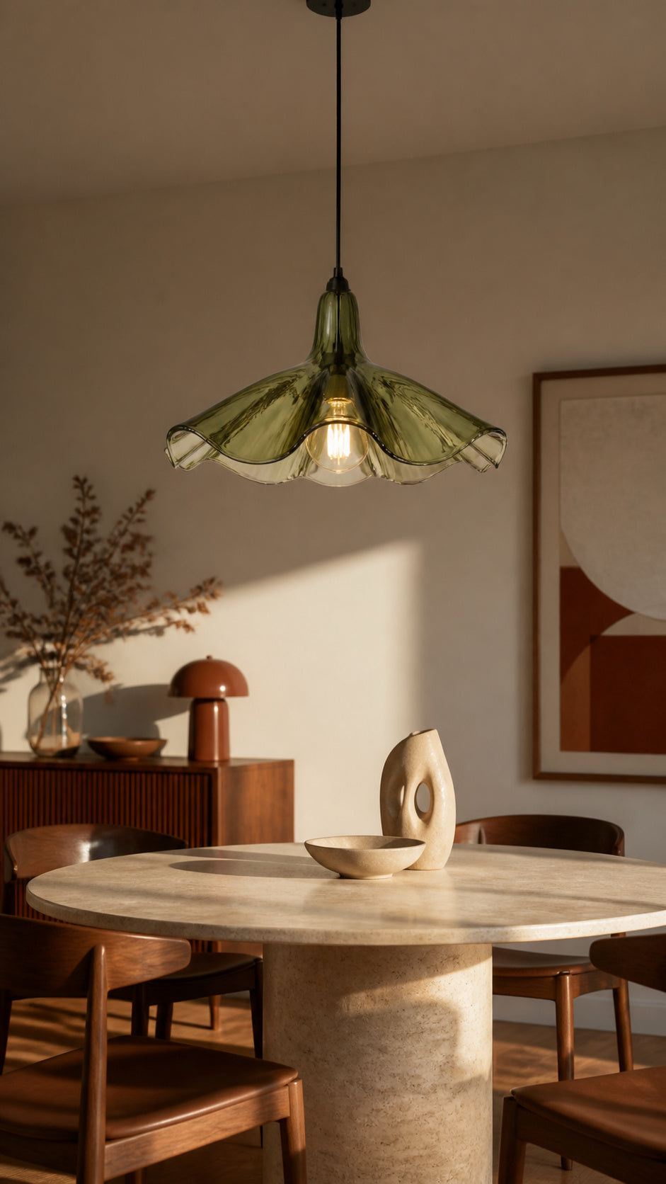 Olive glass pendant in a mid-century dining room