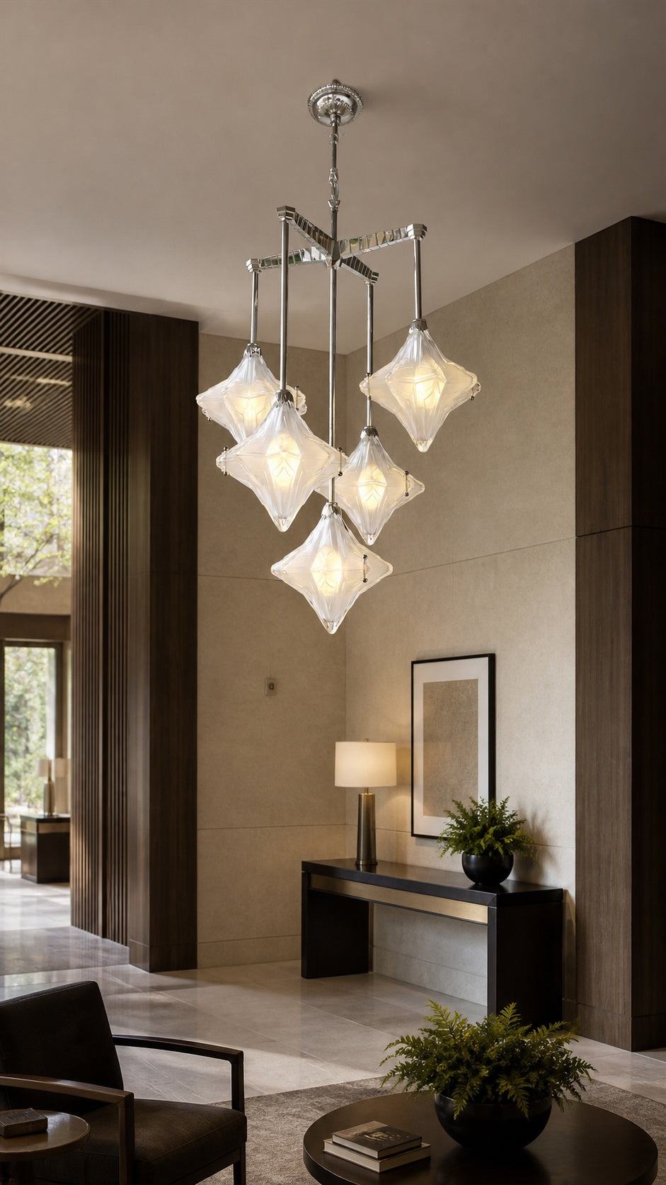 Stella Fold chandelier in a boutique hotel entry