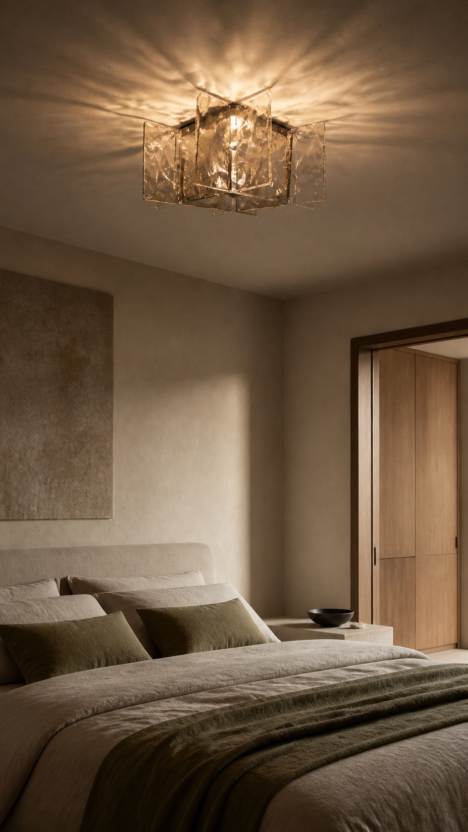 Glass Orbit ceiling light installed in a bedroom ceiling