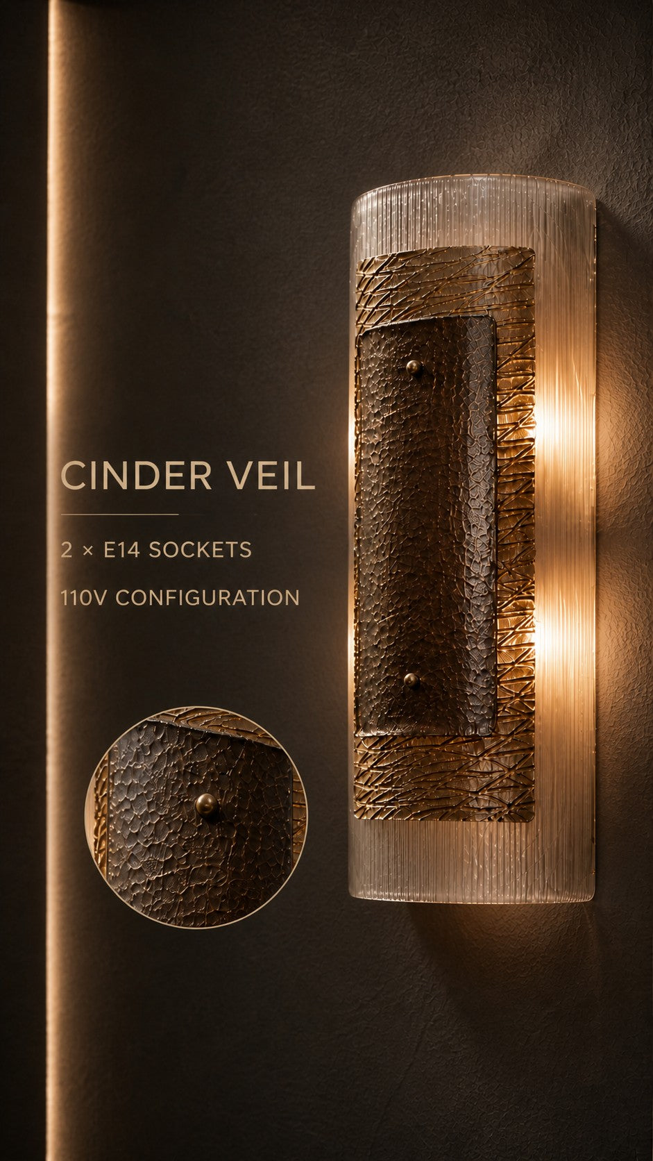 Cinder Veil wall sconce with two E14 sockets and 110V configuration