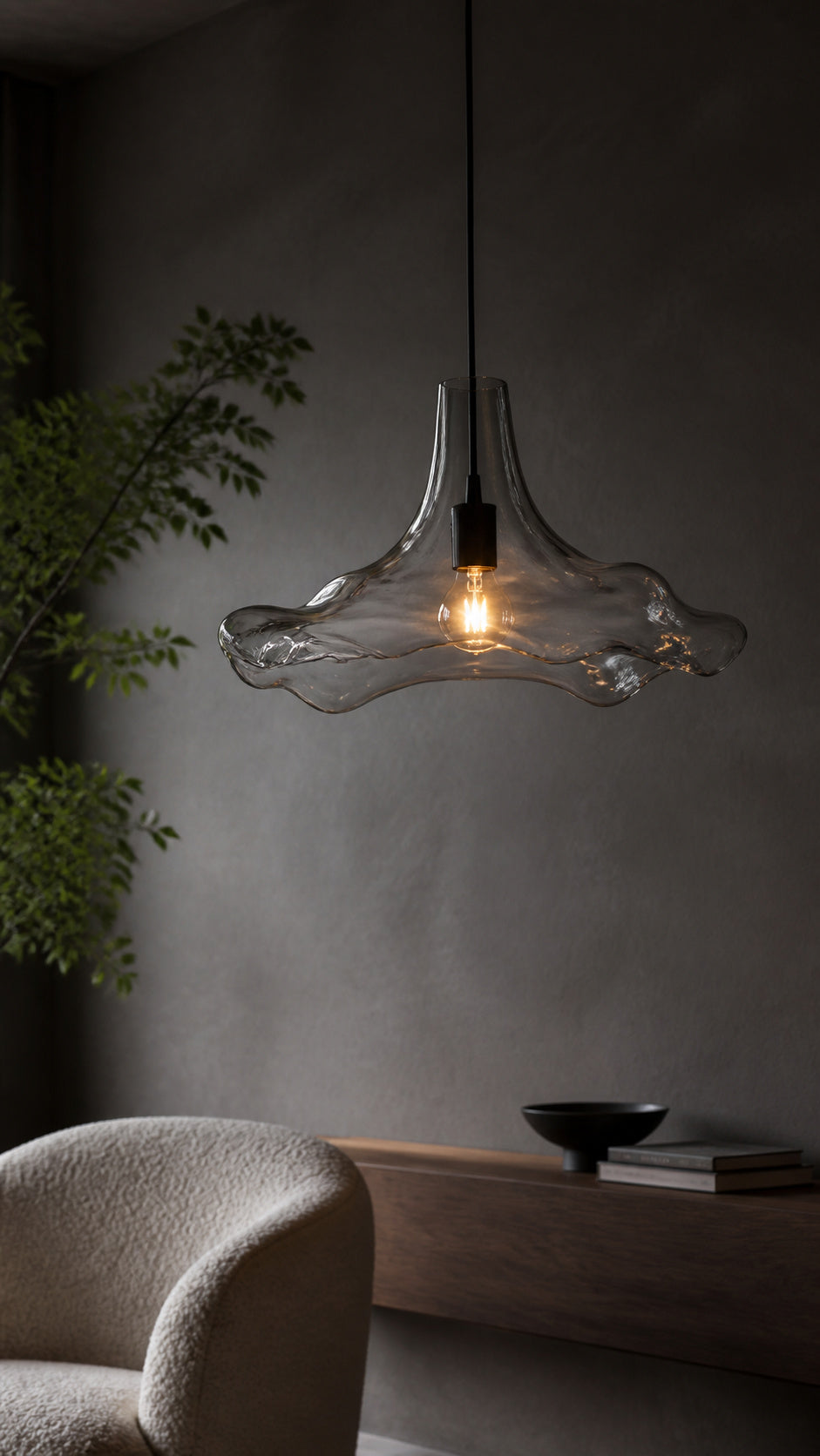 Smoke gray pendant in a modern reading lounge