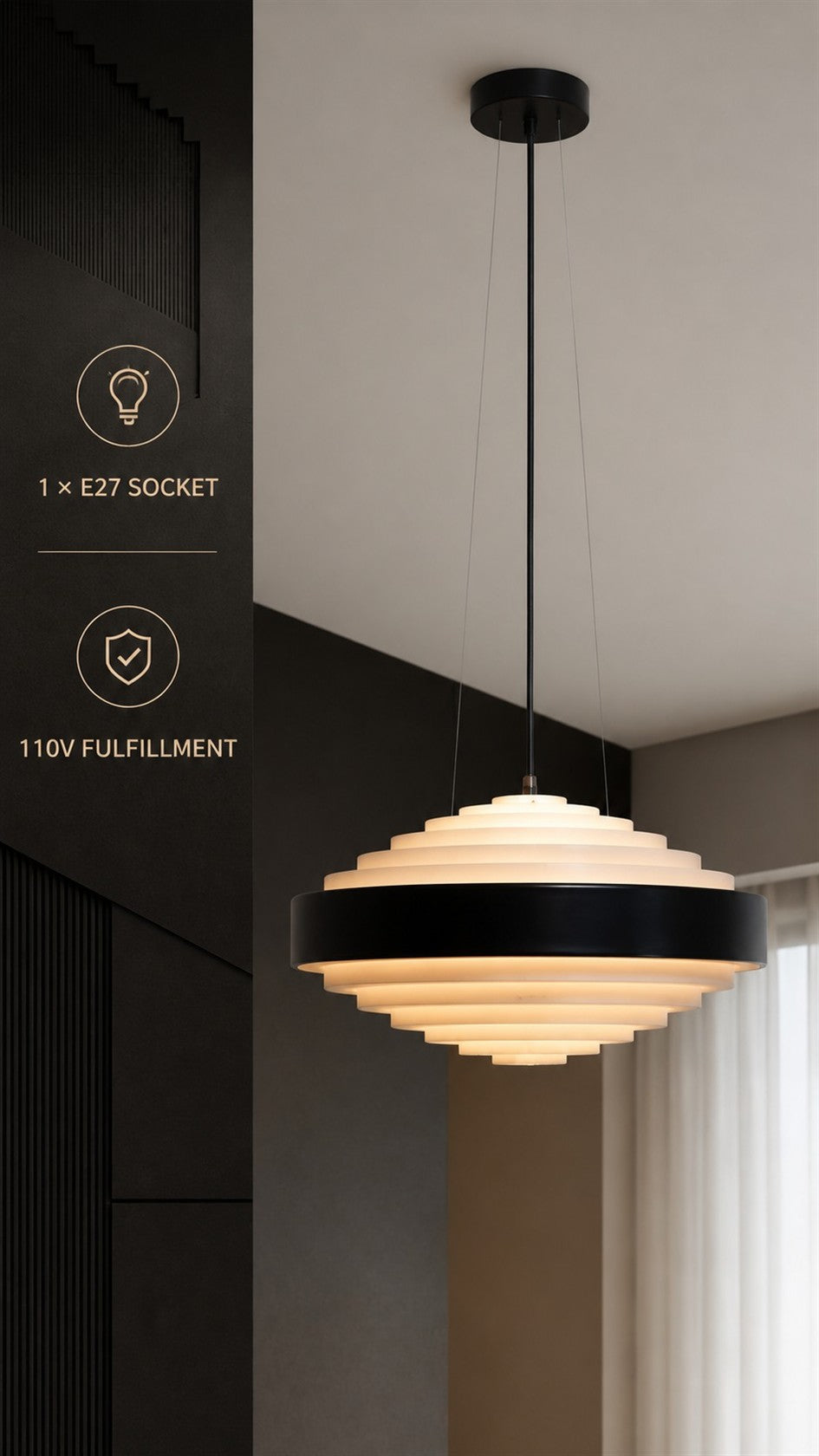 Noir Step Pendant with 1 x E27 socket and 110V fulfillment