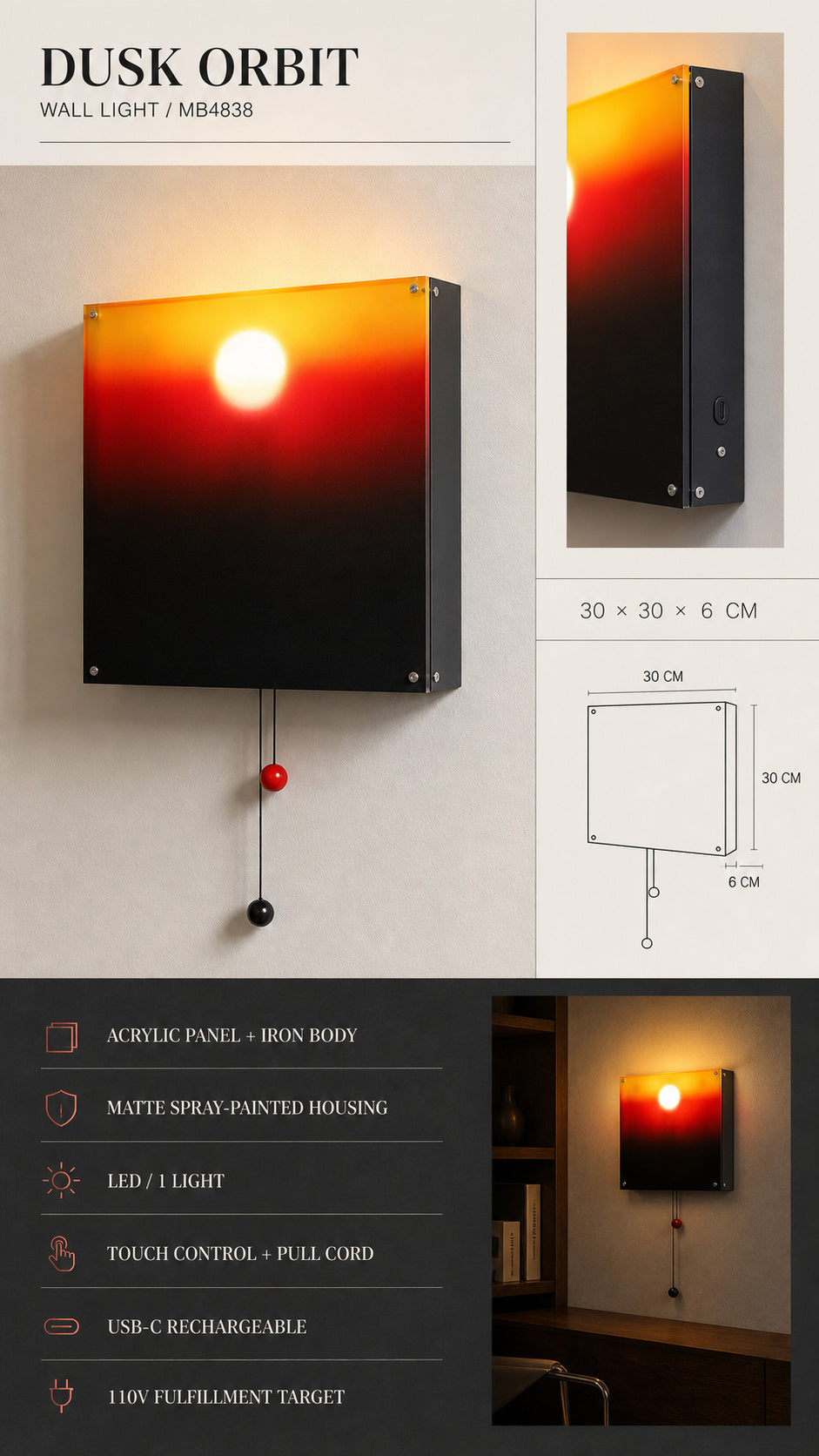 Dusk Orbit wall light verified parameters, 30 by 30 by 6 cm